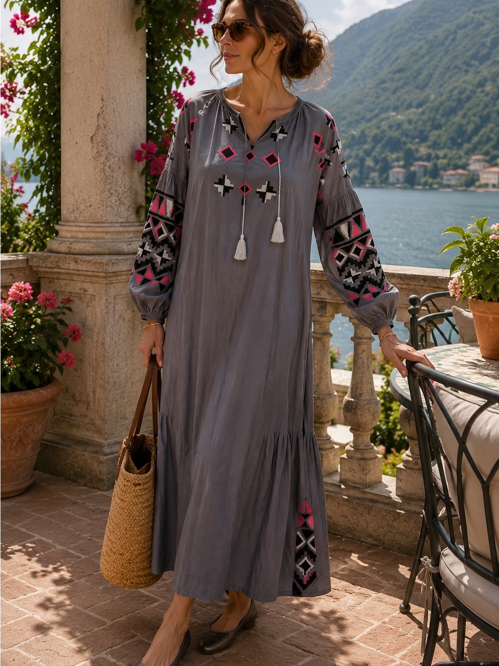 Ukrainian S Vyshyvanka Boho Embroidered Long Sleeve Maxi Dress Festival Folk